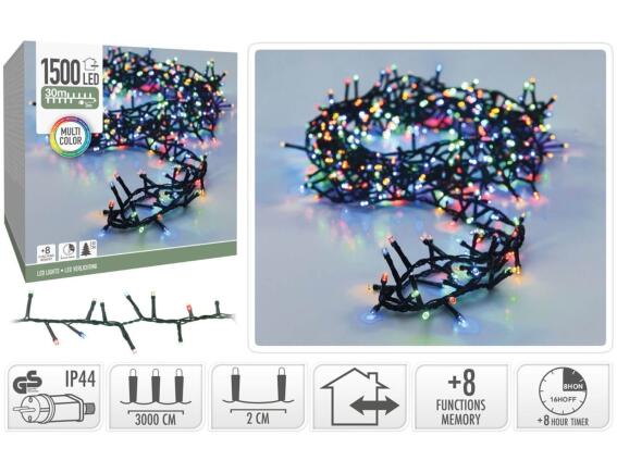 1500 Φωτάκια LED - 30 Μέτρα + 3 Μέτρα σύνδεσης , Κανονική Διάταξη, με χειριστήριο, 8 προγράμματα, Πράσινο καλώδιο PVC - Πολύχρωμο
