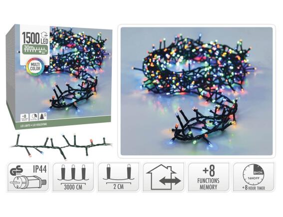 1800 Φωτάκια LED - 36 Μέτρα + 3 Μέτρα σύνδεσης , Κανονική Διάταξη, με χειριστήριο, 8 προγράμματα, Πράσινο καλώδιο PVC - Πολύχρωμο