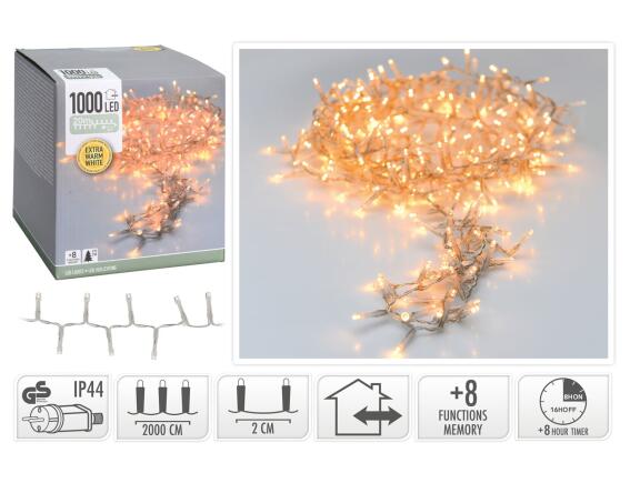 1000 Φωτάκια LED - 20 Μέτρα + 3 Μέτρα σύνδεσης, Κανονική Διάταξη, με χειριστήριο, 8 προγράμματα, Διάφανο καλώδιο PVC - Extra Θερμό Λευκό