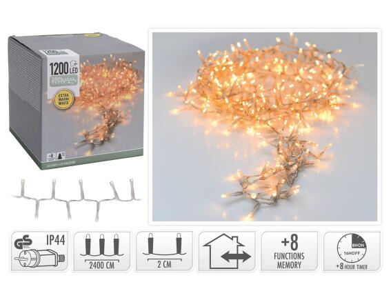 1200 Φωτάκια LED - 24 Μέτρα + 3 Μέτρα σύνδεσης, Κανονική Διάταξη, με χειριστήριο, 8 προγράμματα, Διάφανο καλώδιο PVC - Extra Θερμό Λευκό