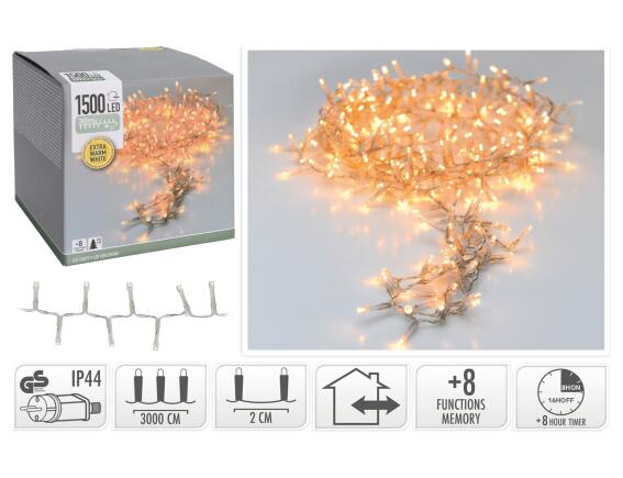 1500 Φωτάκια LED - 30 Μέτρα + 3 Μέτρα σύνδεσης, Κανονική Διάταξη, με χειριστήριο, 8 προγράμματα, Διάφανο καλώδιο PVC - Extra Θερμό Λευκό	