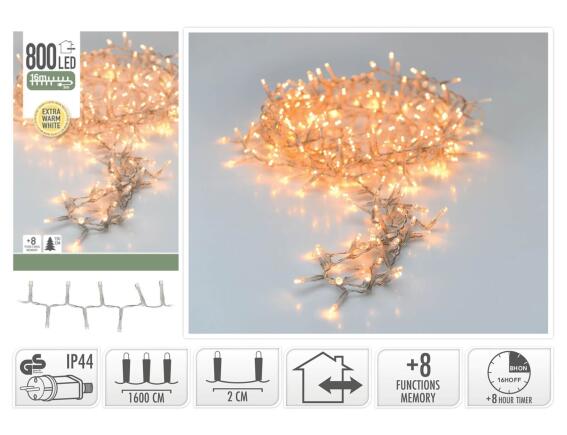 800 Φωτάκια LED - 16 Μέτρα + 3 Μέτρα σύνδεσης , Κανονική Διάταξη, με χειριστήριο, 8 προγράμματα, Διάφανο καλώδιο PVC - Θερμό Λευκό