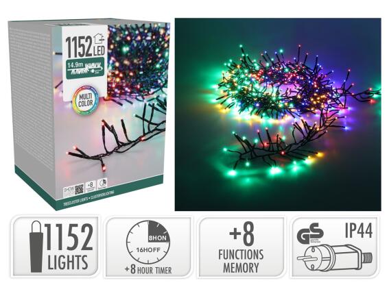 1152 Φωτάκια LED - 14.9 Μέτρα + 3 Μέτρα σύνδεσης, Κανονική Διάταξη, με χειριστήριο, 8 προγράμματα, Πράσινο καλώδιο PVC - Πολύχρωμο