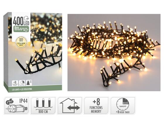 400 Φωτάκια LED - 8 Μέτρα + 3 Μέτρα σύνδεσης, Κανονική Διάταξη, με χειριστήριο, 8 προγράμματα, Πράσινο καλώδιο PVC - Extra Θερμό Λευκό