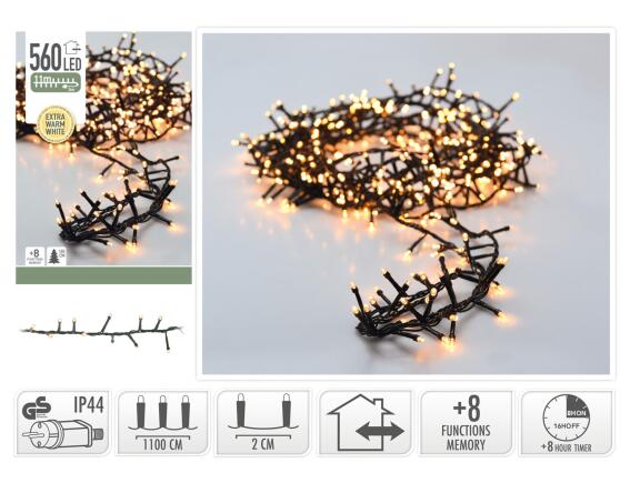 560 Φωτάκια LED - 11 Μέτρα + 3 Μέτρα σύνδεσης, Κανονική Διάταξη, με χειριστήριο, 8 προγράμματα, Πράσινο καλώδιο PVC - Extra Θερμό Λευκό