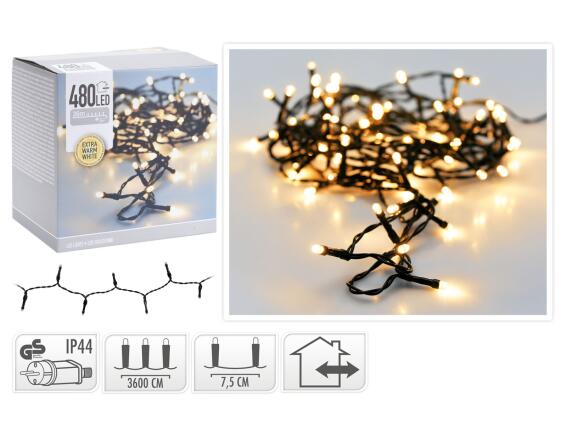 480 Φωτάκια LED - 36 Μέτρα + 3 Μέτρα σύνδεσης, Κανονική Διάταξη, Πράσινο καλώδιο PVC - Extra Θερμό Λευκό