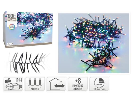 3000 Φωτάκια LED - 21.8 Μέτρα + 3 Μέτρα σύνδεσης, Κανονική Διάταξη, με χειριστήριο, 8 προγράμματα, Μαύρο καλώδιο PVC - Πολύχρωμο