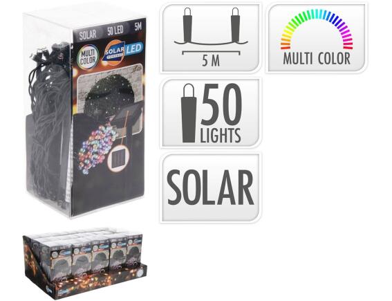 50 Ηλιακά Φωτάκια LED - 5 Μέτρα + 2 Μέτρα σύνδεσης, Κανονική Διάταξη, Πράσινο καλώδιο PVC - Πολύχρωμο