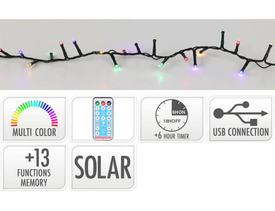 768 Ηλιακά Φωτάκια LED - 5.6 Μέτρα + 3 Μέτρα σύνδεσης,  με χρονοδιακόπτη, Κανονική Διάταξη, Μαύρο καλώδιο PVC - Πολύχρωμο