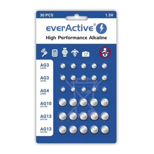 Σετ Αλκαλικές Μπαταρίες Κουμπιά LR1130 / LR41 / LR44 / LR626 1.5V 30 τμχ everActive 5903205771247