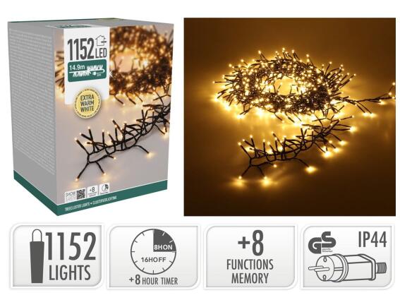 1152 Φωτάκια LED - 14.9 Μέτρα + 3 Μέτρα σύνδεσης, Μαύρο καλώδιο - 'Εξτρα θερμό λευκό