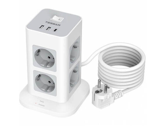 Tessan  Πολύπριζο 11-σε-1 Tower Surge Protector (TPS03-DE-C) - 8xSchuko, 2xUSB, Type-C, καλώδιο 2m