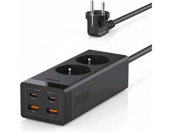 Tessan Πολύπριζο ασφαλείας (TS-FS01DE00) - 2x Schuko, 2x USB-A, 2x USB-C - Black