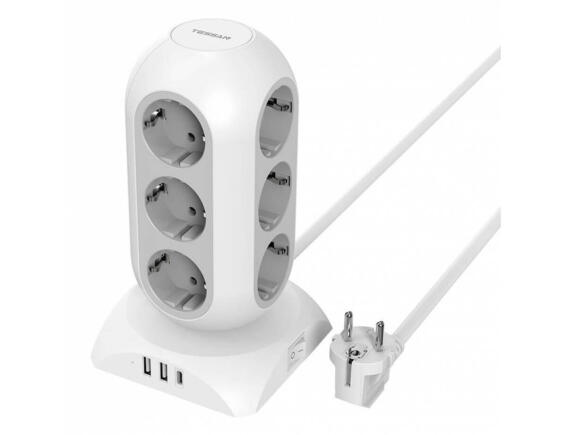 Tessan   Πολύπριζο 15-σε-1 Tower Surge Protector (TPS02-DE-C) - 12xSchuko, 2xUSB, Type-C, καλώδιο 2m - White