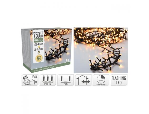 750 Φωτάκια LED - 15 Μέτρα + 3 Μέτρα σύνδεσης, Πυκνή Διάταξη, 10% Flash, Πράσινο καλώδιο PVC -'Εξτρα θερμό λευκό