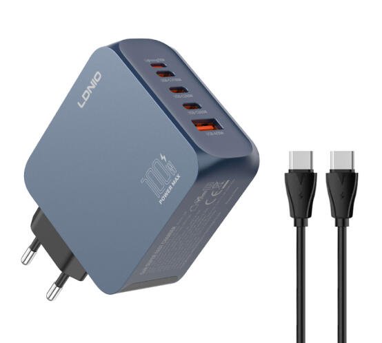 LDNIO φορτιστής τοίχου Q8 με καλώδιο USB-C USB/Lightning/3x USB-C GaN 100W μπλε