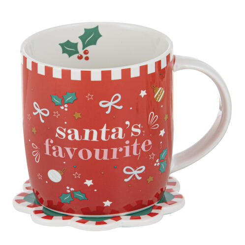 Ladelle Κούπα 350ml και Σουβέρ Κόκκινη Santa'S Favourite Mug   Festive Fun Πορσελάνη
