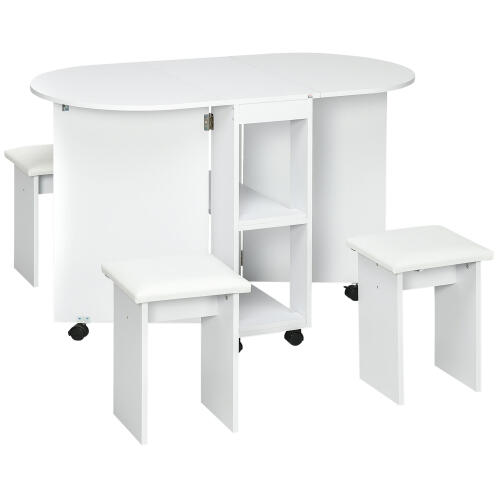 Σετ κουζίνας HOMCOM 5 τεμαχίων, Πτυσσόμενο τραπέζι με 2 ράφια και 4 σκαμπό από μοριοσανίδα, λευκό 835-955V00WT