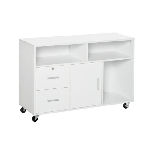 Τροχήλατο Ξύλινο Έπιπλο Γραφείου με 1 Ντουλάπι 3 Ράφια και 2 Συρτάρια 100 x 35 x 65 cm Χρώματος Λευκό HOMCOM 836-269WT