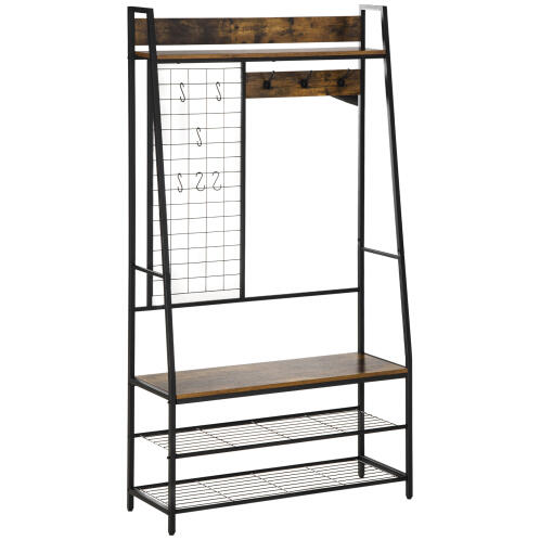 HOMCOM Coat Stand με σχάρα παπουτσιών και πάγκο Industrial Style από ξύλο και ατσάλι, 98x36x185cm, καφέ 837-208