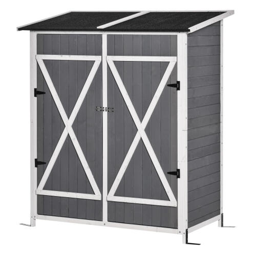 Outsunny Garden Shed Ξύλινη Εργαλειοθήκη, Διπλή Πόρτα με Κλειδαριά και Αποσπώμενο Τραπέζι, 139x75x160cm, Γκρι 845-353V01