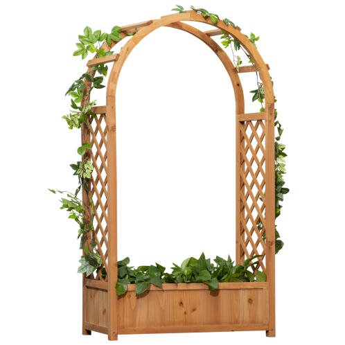 Outsunny Outdoor Hollow Bottom Καφέ έλατο φυτευτή με διακοσμητικό τόξο και σχάρες αναρρίχησης, 83x36x152cm 845-777V00BN