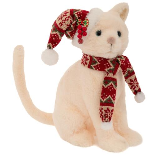 ΛΕΥΚΗ ΥΦΑΣΜΑΤΙΝΗ ΚΑΘΙΣΤΗ ΓΑΤΟΥΛΑ ΜΕ ΚΟΚΚΙΝΟ ΣΚΟΥΦΟ ΚΑΙ ΚΑΣΚΟΛ 25Χ19Χ32ΕΚ