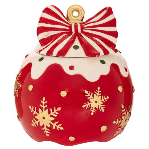 ΚΟΚΚΙΝΗ ΚΕΡΑΜΙΚΗ ΜΠΙΣΚΟΤΙΕΡΑ ΣΕ ΣΧΗΜΑ ΜΠΑΛΑΣ ΜΕ ΦΙΟΓΚΟ ΚΑΙ ΧΙΟΝΟΝΙΦΑΔΕΣ 18Χ18Χ21ΕΚ