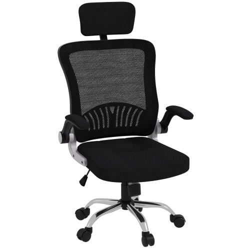 Καρέκλα γραφείου HOMCOM με ρυθμιζόμενο προσκέφαλο και ύψος, διχτυωτό ύφασμα και πτυσσόμενα μπράτσα, μαύρο 921-653V00BK