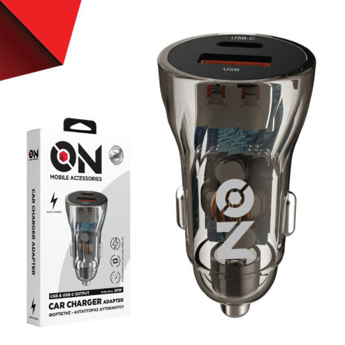On Mobile Accessories Φορτιστής Αναπτήρα Αυτοκινήτου Με 2 Θύρες USB και USB-c Διάφανος