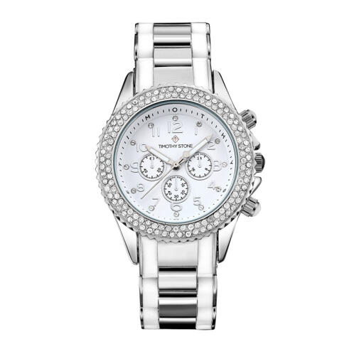 Timothy Stone Γυναικείο Ρολόι Χρώματος Γκρι-Άσπρο με Μεταλλικό Δίχρωμο Μπρασελέ και Κρύσταλλα Swarovski® A-031-SLWH
