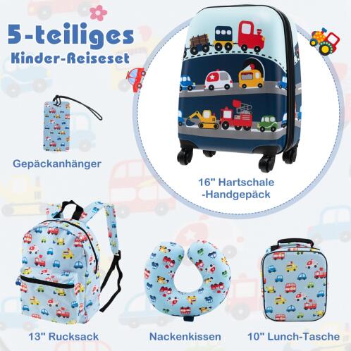 Costway  Σετ παιδικών αποσκευών 5 τεμαχίων με βαλίτσα 16 ιντσών, σακίδιο 13 ιντσών, μαξιλάρι λαιμού, ετικέτα αποσκευών & κουτί γεύματος - Μπλε. BN10025NY