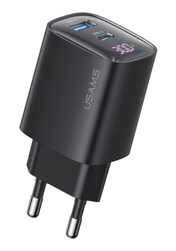 USAMS φορτιστής τοίχου US-CC229 USB & USB-C 30W GaN μαύρος