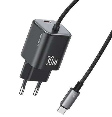 USAMS φορτιστής τοίχου CC264 με καλώδιο USB-C 30W GaN μαύρος