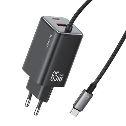 USAMS φορτιστής τοίχου CC266 με καλώδιο USB & USB-C 65W GaN μαύρος