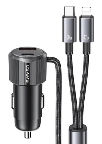 USAMS φορτιστής αυτοκινήτου CC287 με 2 σε 1 καλώδιο USB/USB-C θύρες 66W μαύρος