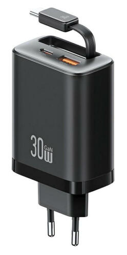 USAMS φορτιστής τοίχου CC296 με καλώδιο USB & USB-C 30W μαύρος