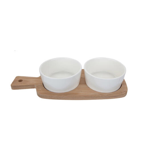Σετ Σερβιρίσματος με 2 Οβάλ Κεραμικά Μπολ και Ξύλινη Βάση SPM DYN-PM645061