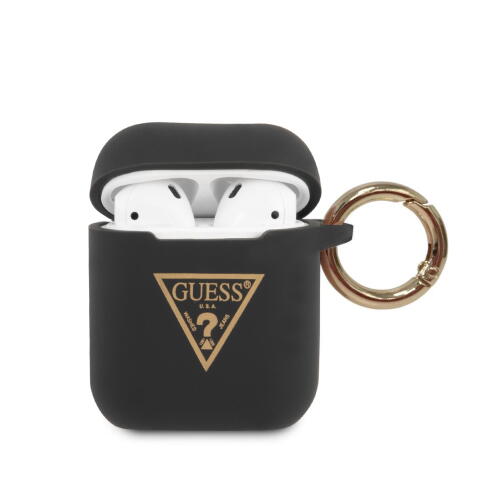 Guess Triangle Logo Silicone Case Θήκη προστασίας από σιλικόνη για Apple Airpods 1/2 (Black/Glitter)