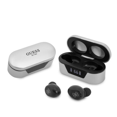 Guess Ακουστικά In-ear Bluetooth Handsfree με Θήκη Φόρτισης Classic Logo Ασημί