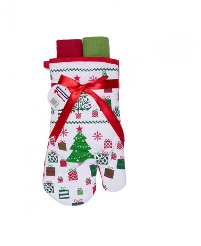 Heinner Χριστουγεννιάτικο σετ Κουζίνας 3 τεμ. Γάντι και Πετσέτες κουζίνας  Έλατο 100% βαμβάκι HR-3KS-XMASW