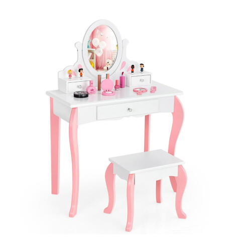 Παιδικό Ξύλινο Μπουντουάρ με Καθρέπτη και Σκαμπό 70 x 33.5 x 99.5 cm Χρώματος Λευκό Costway HW68588WH