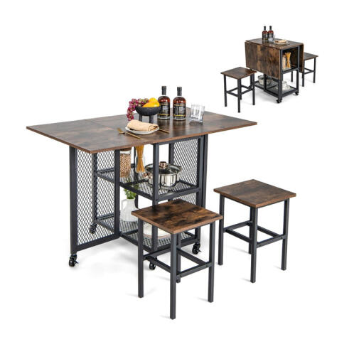 Costway Σετ Μεταλλικό Επεκτεινόμενο Τροχήλατο Τραπέζι - Bar 120 x 70 x 75 cm με 2 Σκαμπό Costway JV11231CF