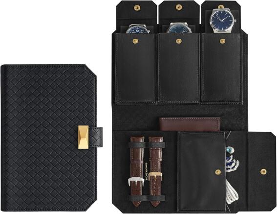 Songmics Φορητή Θήκη με Κουμπί για 3 Ρολόγια 2 x 14.5 x 4.5 cm Μαύρο JWB018B01