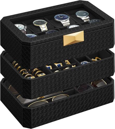 Songmics Κουτί Ρολογιών 8 Θέσεων 3 Επίπεδα 16.3 x 27.3 x 20.5 cm Μαύρο JWB021B01