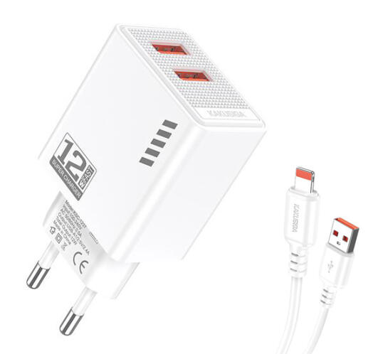 KAKUSIGA φορτιστής τοίχου KSC-1238 με καλώδιο Lightning 2x USB 12W λευκός
