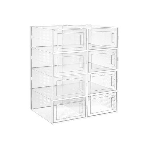 SONGMICS Σετ 8 τμχ Πλαστικά Κουτιά Αποθήκευσης Παπουτσιών Αναδιπλούμενα, Μέγεθος έως 10.5 UK, Διαφανή - Λευκό, LSP08SWT