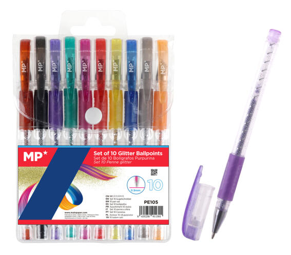 MP σετ στυλό διαρκείας ballpoint PE105 με glitter 0.9mm διάφορα χρώματα 10τμχ