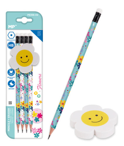 MP σετ ξύλινα μολύβια & γόμα Flowers PE356-02 εξάγωνα HB 5τμχ