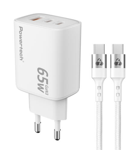 POWERTECH φορτιστής τοίχου PT-1415 με καλώδιο USB/2x USB-C 65W GaN λευκός